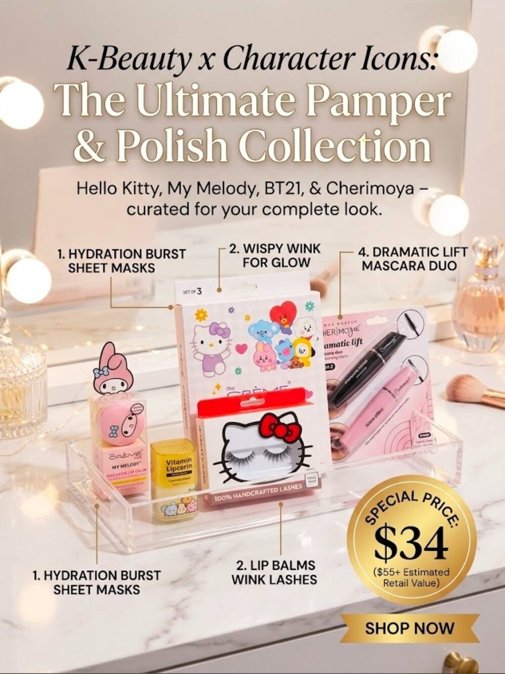 New Sanrio & BT21 Beauty Bundle - Hello Kitty, My Melody, Sheet Masks, Lip Balm